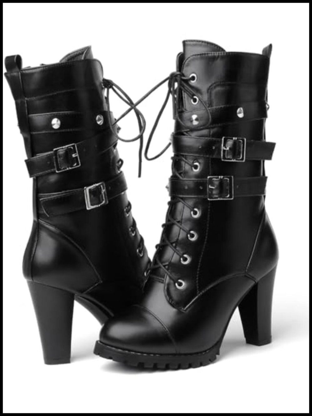 Women's Platform High Heel Boots Round Toe Lace Up Chunky Mid Calf Shoes